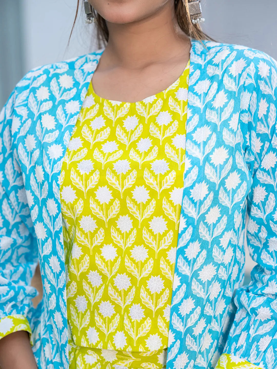 Lime-Green-&-Sky-Blue-Cotton-Printed-Co-Ord-Set-With-Jacket