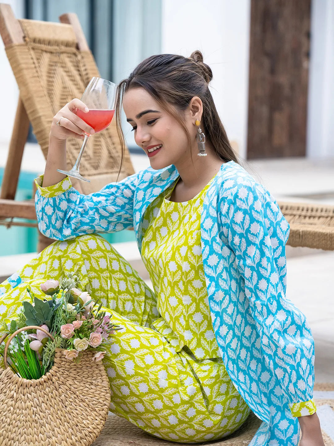 Lime-Green-&-Sky-Blue-Cotton-Printed-Co-Ord-Set-With-Jacket