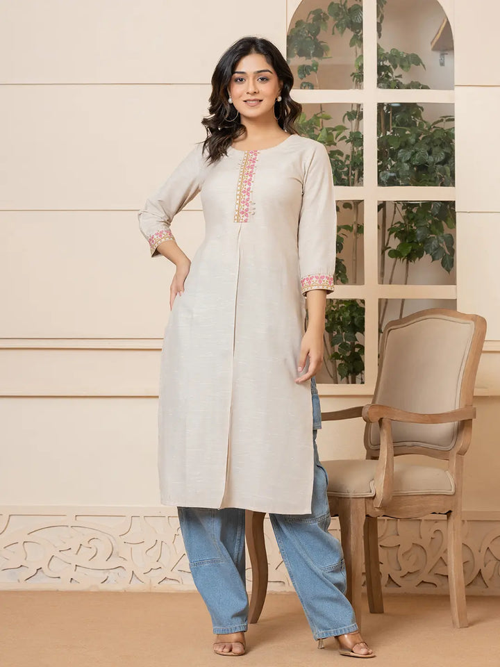 Beige-Linen-Embroidery-Puff-Sleeves-Straight-Kurta