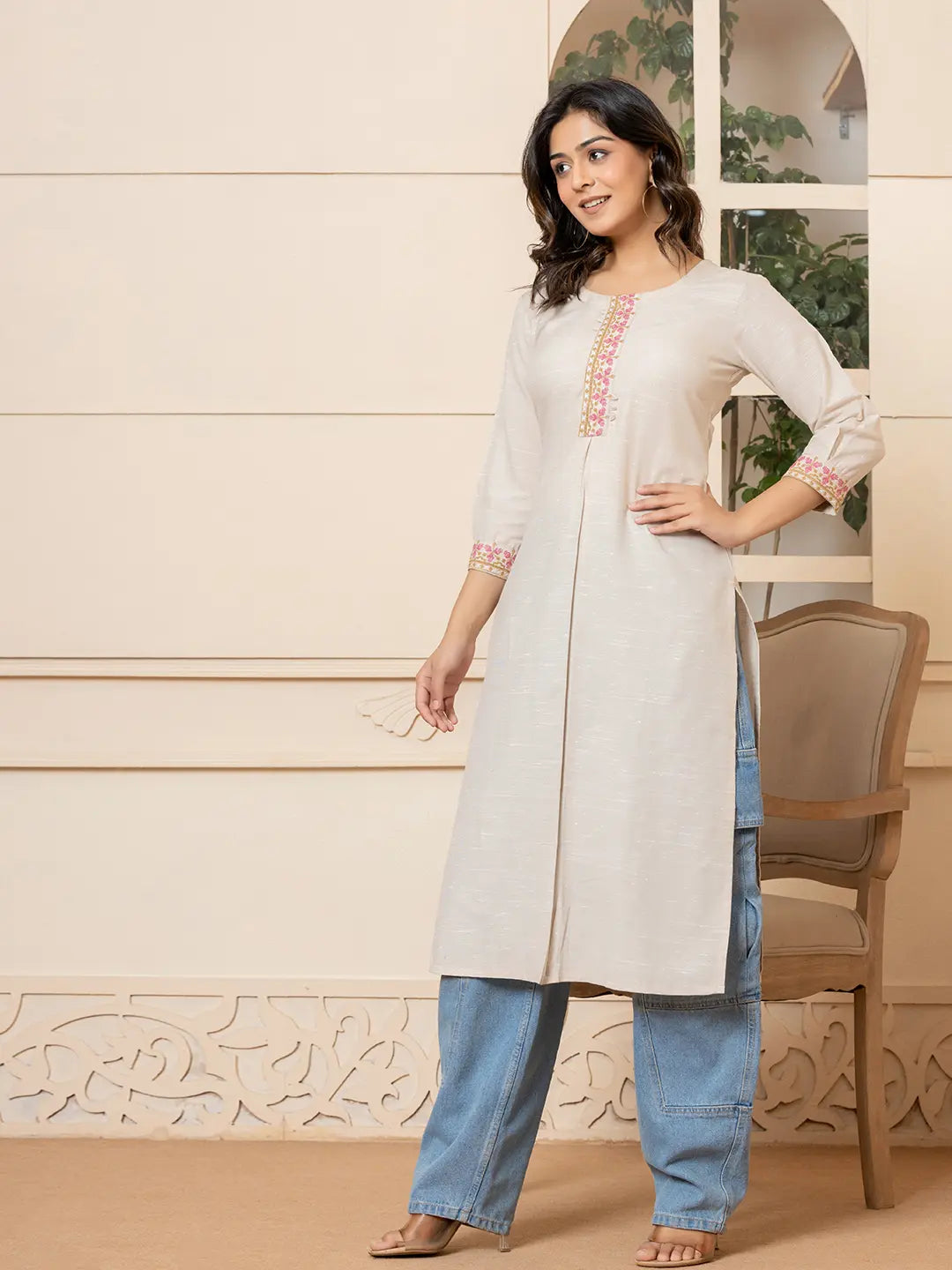 Beige-Linen-Embroidery-Puff-Sleeves-Straight-Kurta