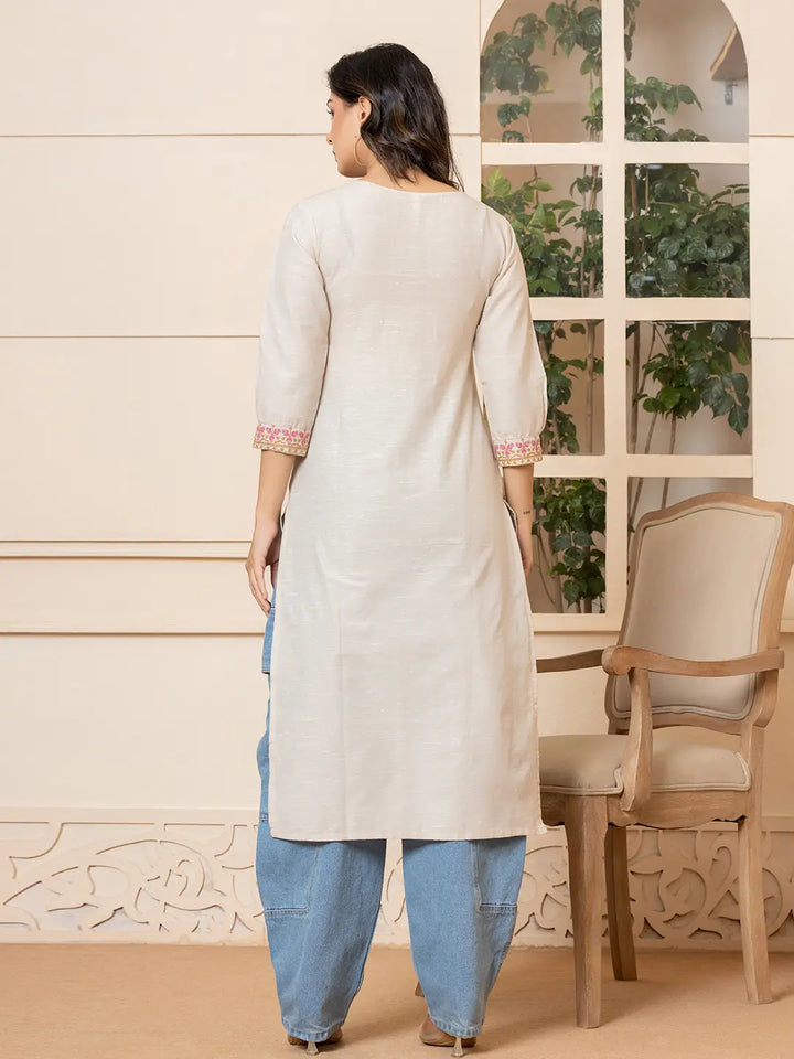 Beige-Linen-Embroidery-Puff-Sleeves-Straight-Kurta