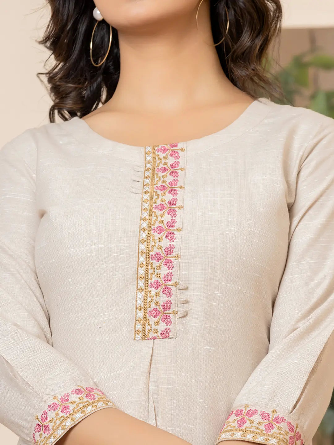 Beige-Linen-Embroidery-Puff-Sleeves-Straight-Kurta