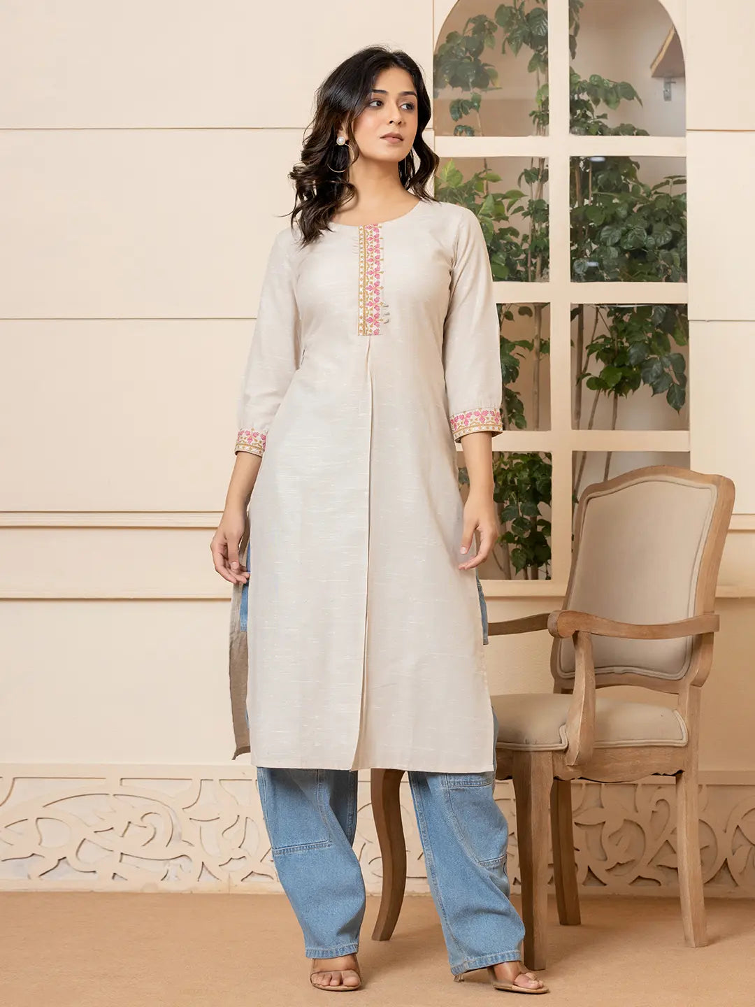 Beige-Linen-Embroidery-Puff-Sleeves-Straight-Kurta