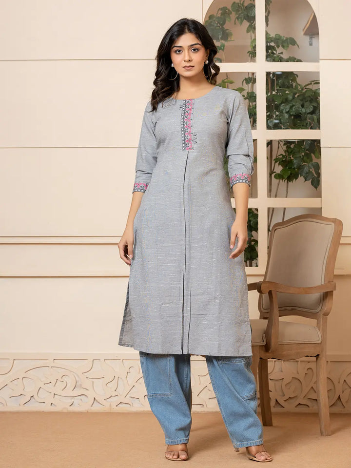 Grey-Linen-Embroidery-Puff-Sleeves-Straight-Kurta