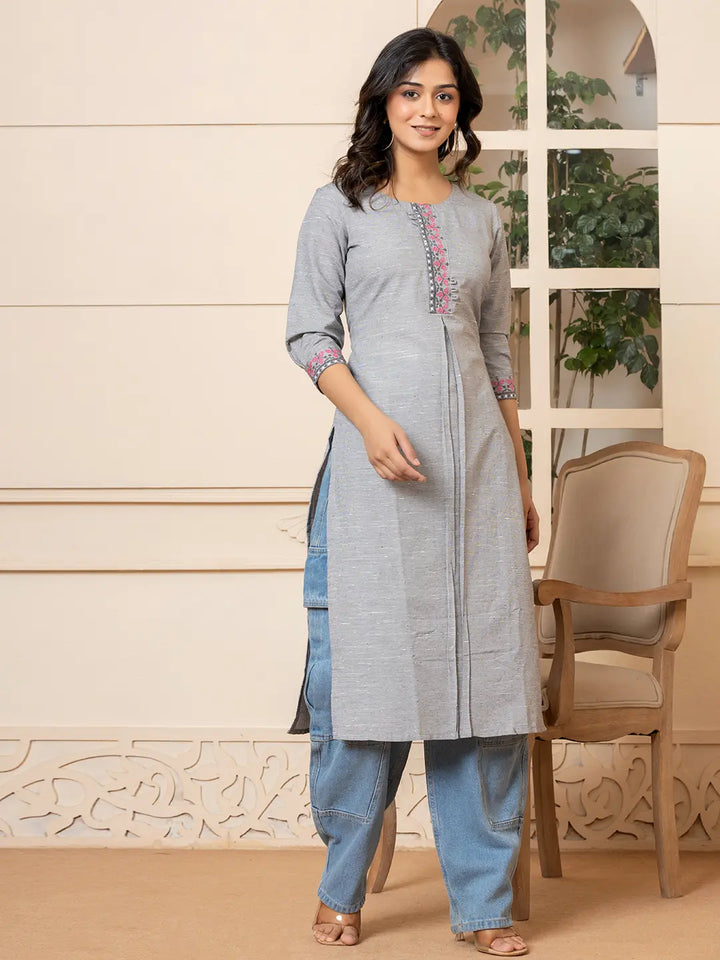 Grey-Linen-Embroidery-Puff-Sleeves-Straight-Kurta