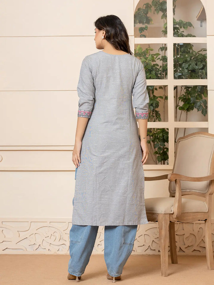 Grey-Linen-Embroidery-Puff-Sleeves-Straight-Kurta