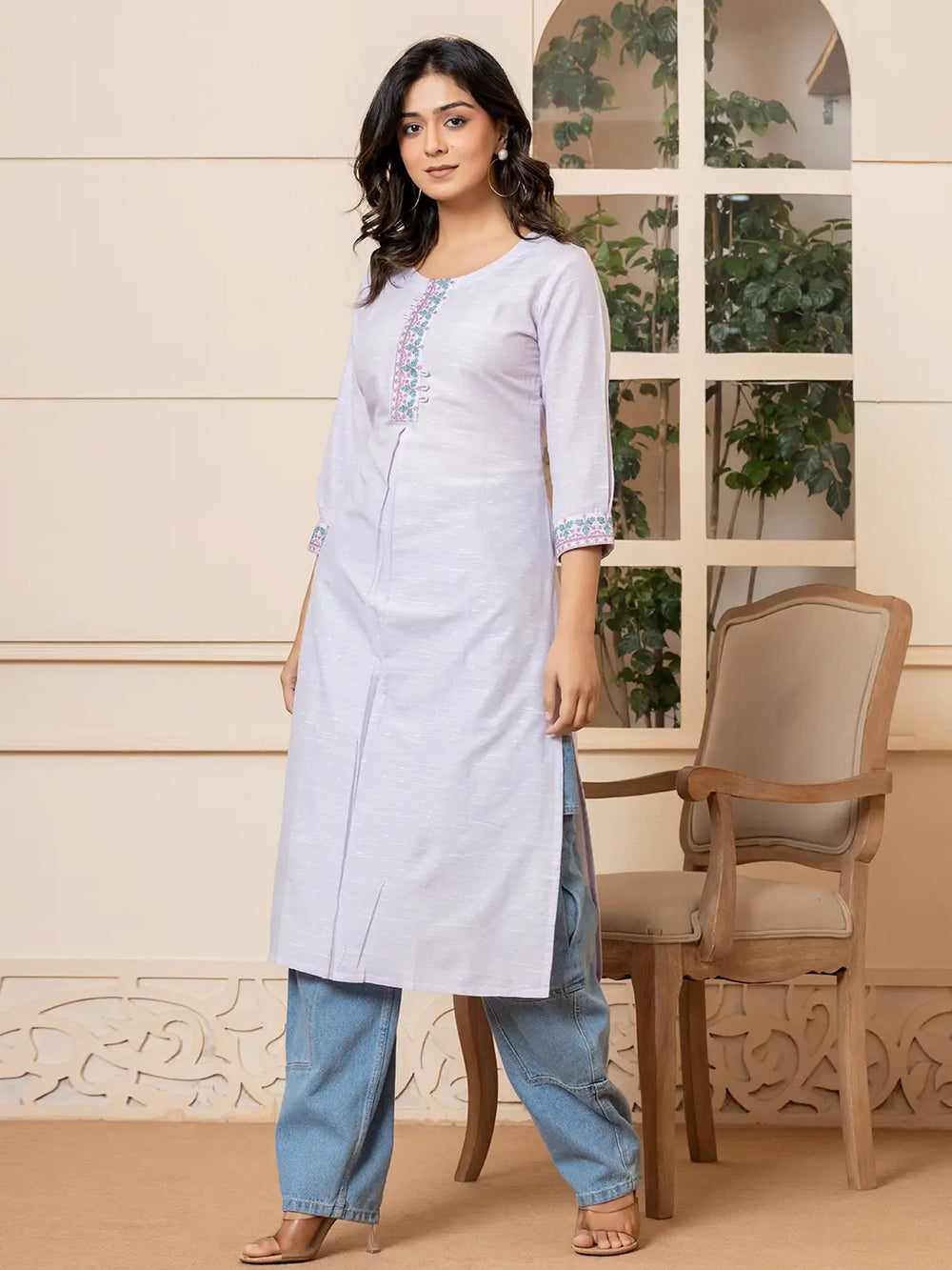 Lavender-Linen-Embroidery-Puff-Sleeves-Straight-Kurta