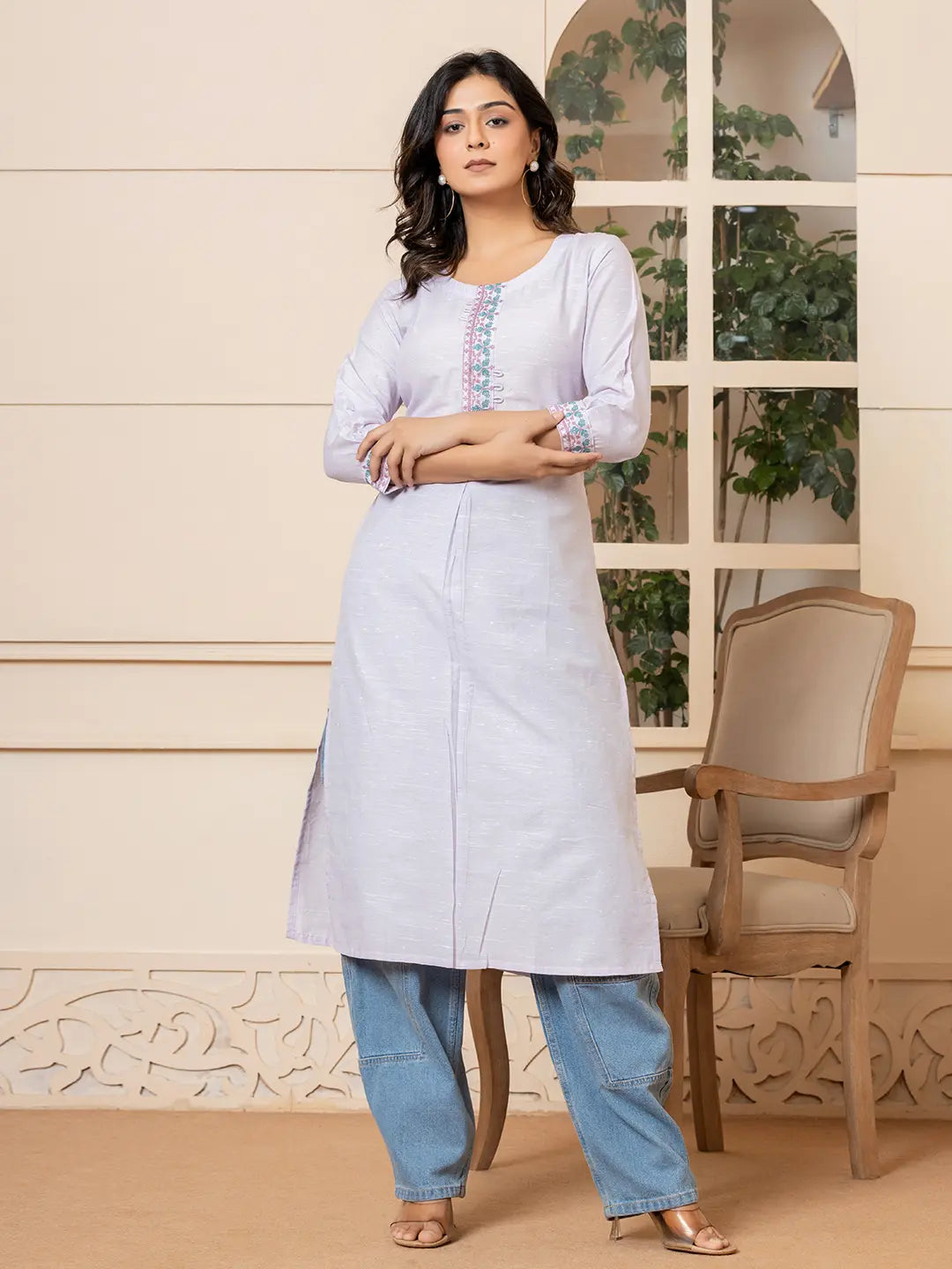 Lavender-Linen-Embroidery-Puff-Sleeves-Straight-Kurta