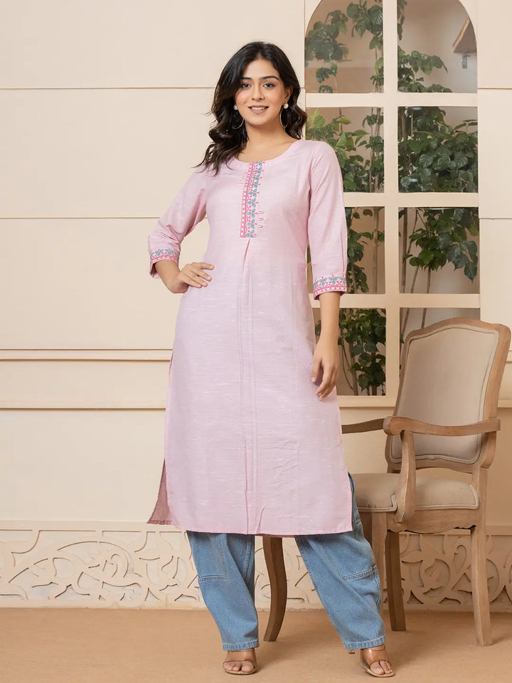 Pink-Linen-Embroidery-Puff-Sleeves-Straight-Kurta