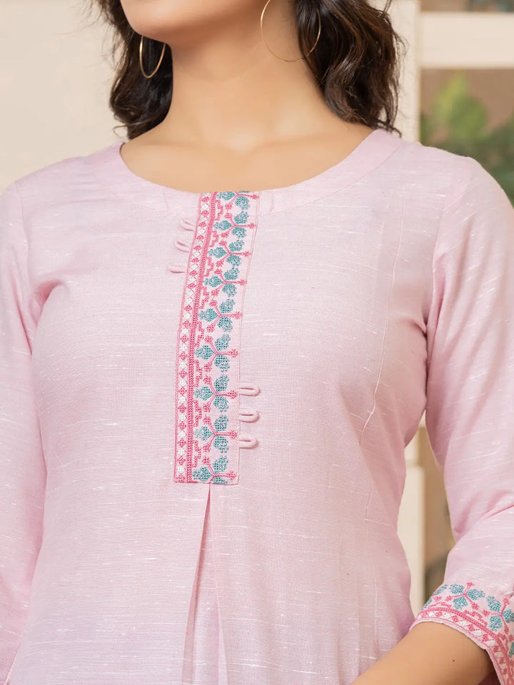 Pink-Linen-Embroidery-Puff-Sleeves-Straight-Kurta