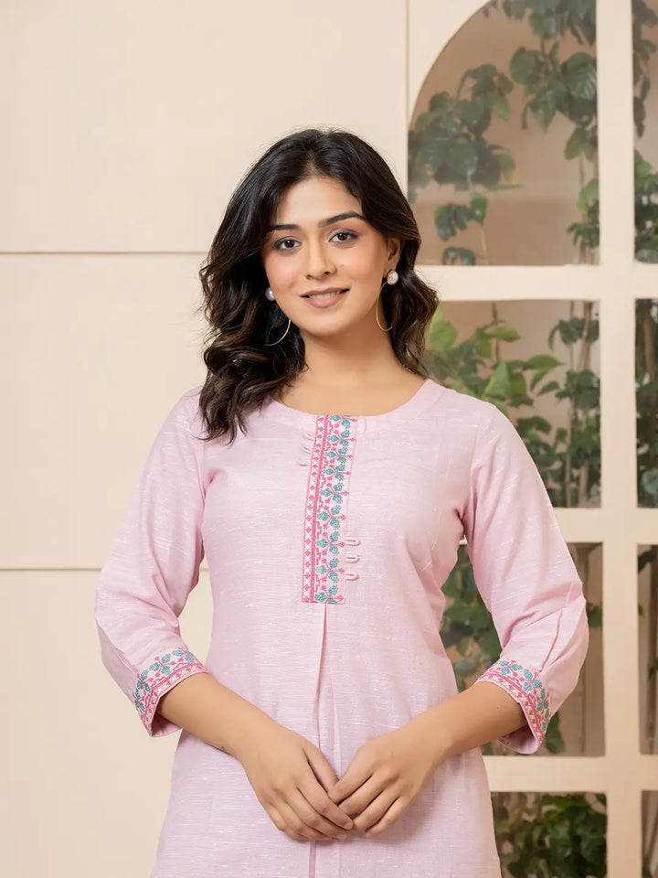 Pink-Linen-Embroidery-Puff-Sleeves-Straight-Kurta