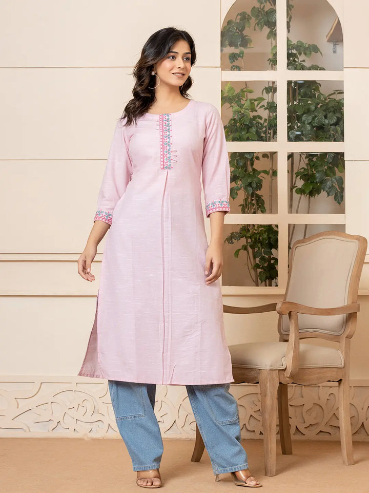 Pink-Linen-Embroidery-Puff-Sleeves-Straight-Kurta