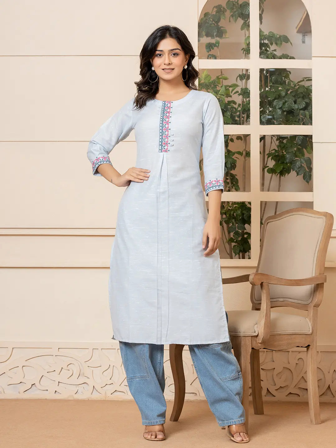 Sky-Blue-Linen-Embroidery-Puff-Sleeves-Straight-Kurta