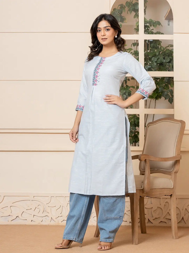 Sky-Blue-Linen-Embroidery-Puff-Sleeves-Straight-Kurta