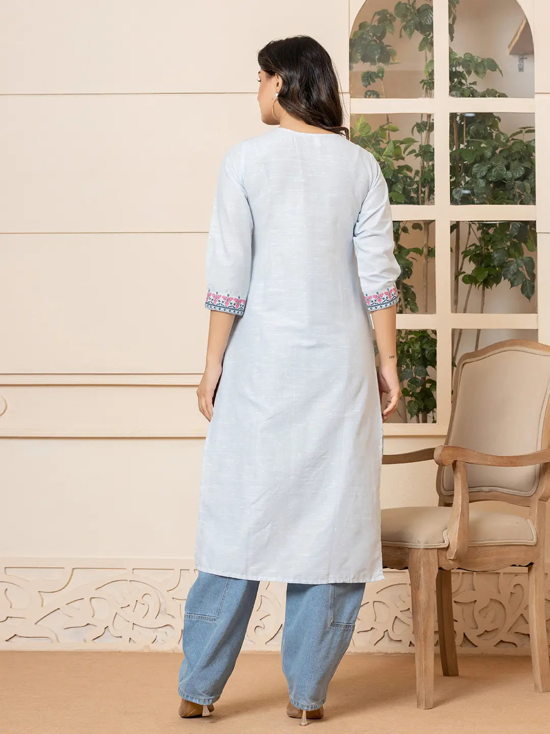 Sky-Blue-Linen-Embroidery-Puff-Sleeves-Straight-Kurta