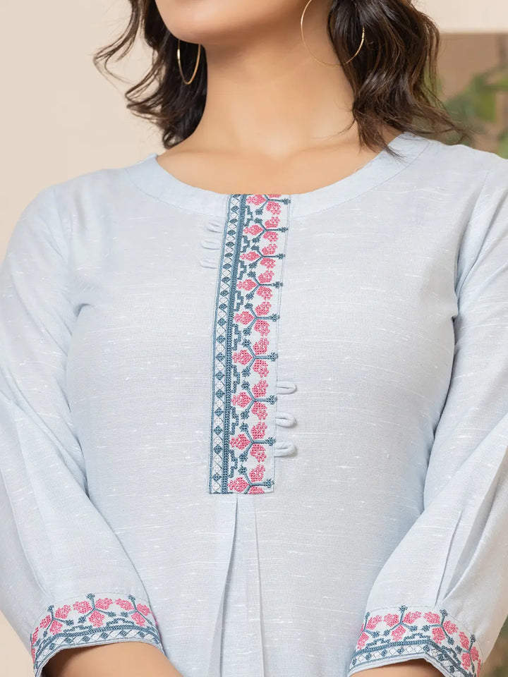 Sky-Blue-Linen-Embroidery-Puff-Sleeves-Straight-Kurta