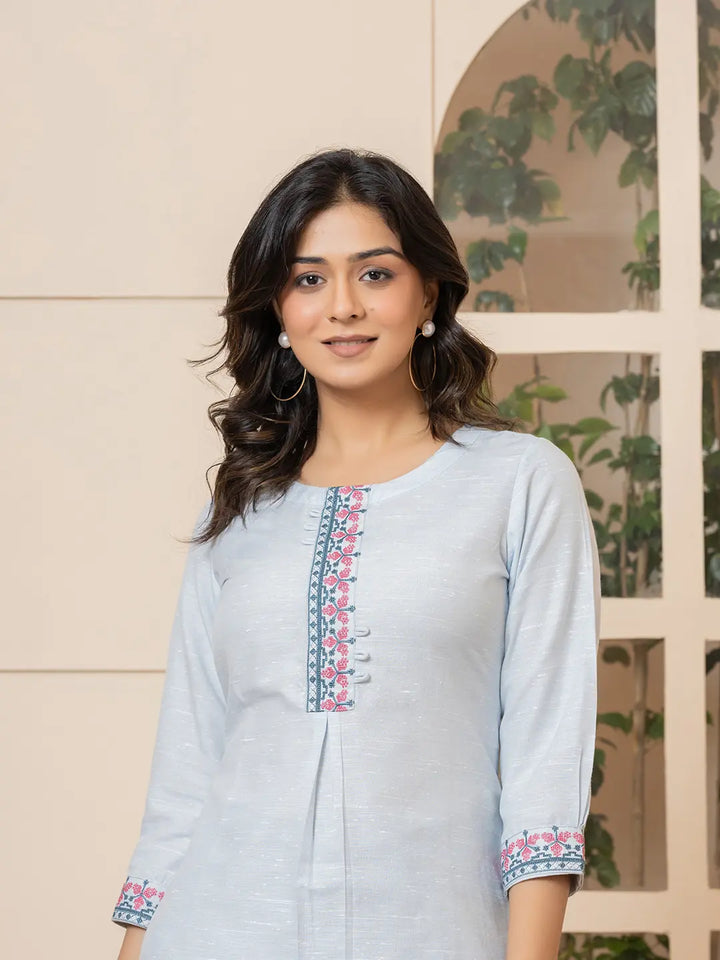 Sky-Blue-Linen-Embroidery-Puff-Sleeves-Straight-Kurta