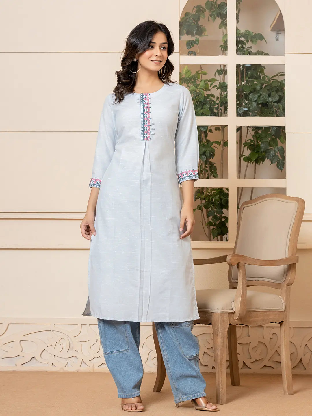 Sky-Blue-Linen-Embroidery-Puff-Sleeves-Straight-Kurta