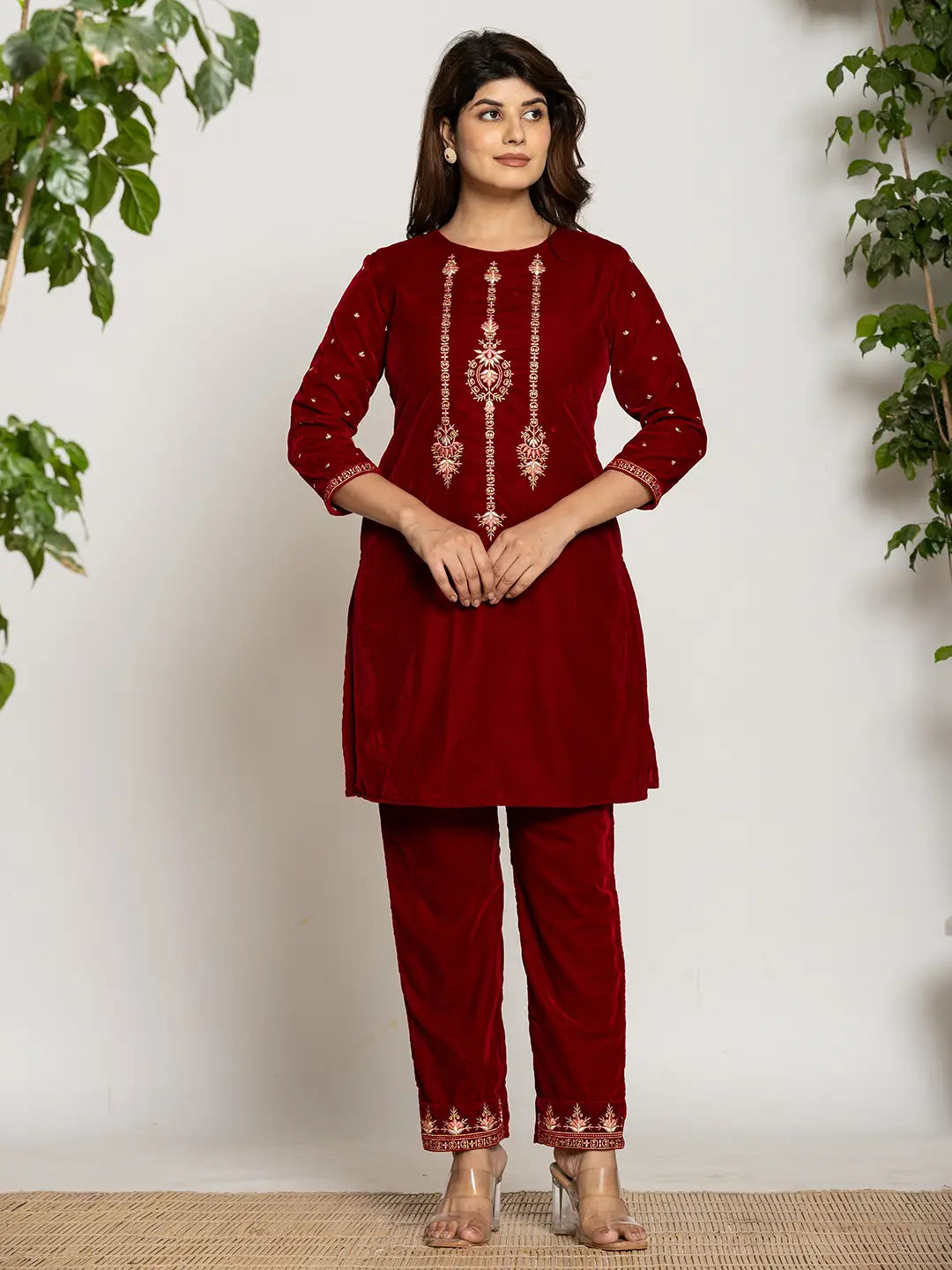 Maroon-Velvet-Embroidered-Co-Ord-Set-With-Cotton-Lining