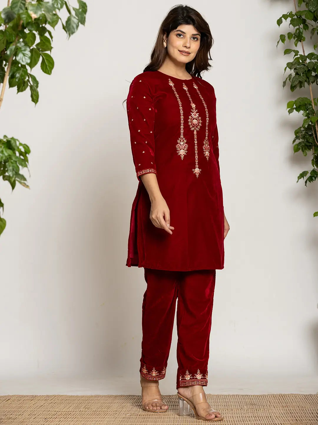 Maroon-Velvet-Embroidered-Co-Ord-Set-With-Cotton-Lining