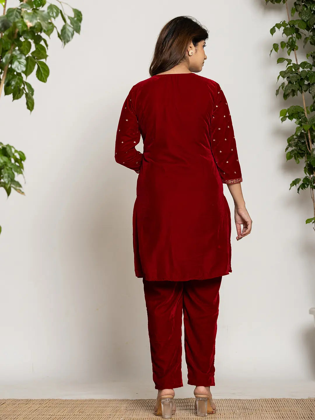 Maroon-Velvet-Embroidered-Co-Ord-Set-With-Cotton-Lining