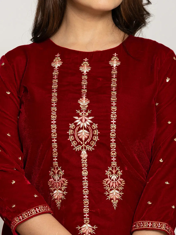 Maroon-Velvet-Embroidered-Co-Ord-Set-With-Cotton-Lining