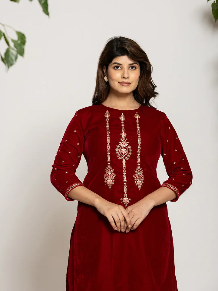 Maroon-Velvet-Embroidered-Co-Ord-Set-With-Cotton-Lining