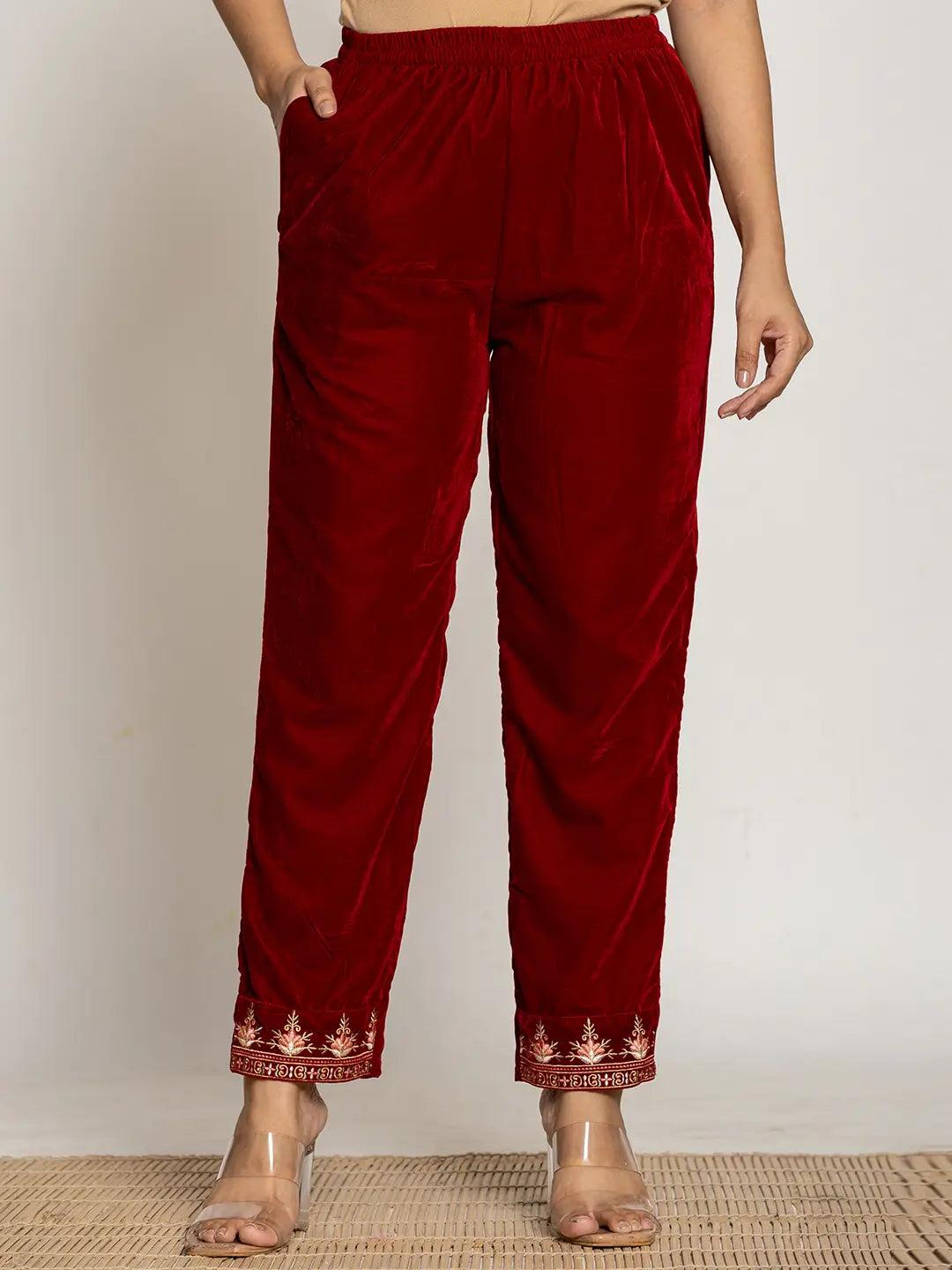 Maroon-Velvet-Embroidered-Co-Ord-Set-With-Cotton-Lining