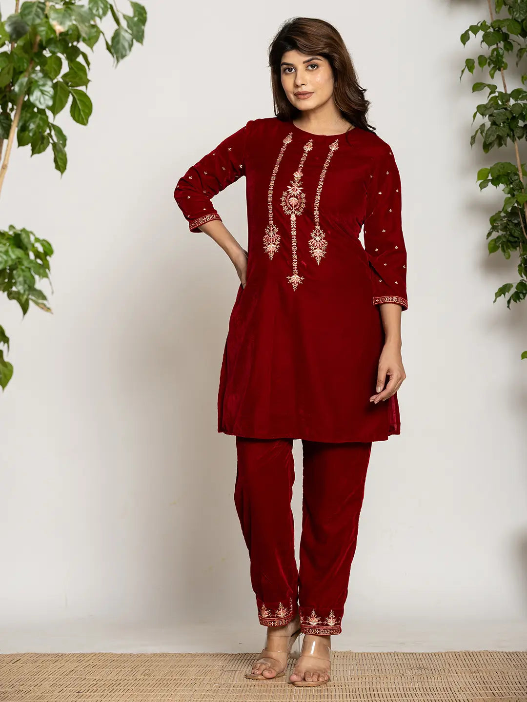 Maroon-Velvet-Embroidered-Co-Ord-Set-With-Cotton-Lining