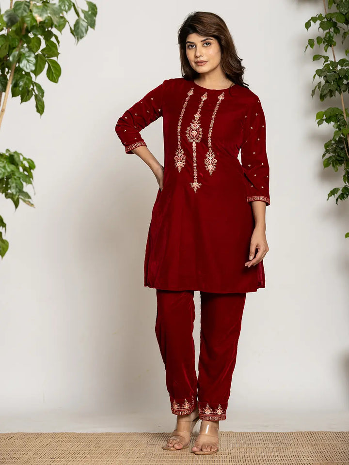 Maroon-Velvet-Embroidered-Co-Ord-Set-With-Cotton-Lining