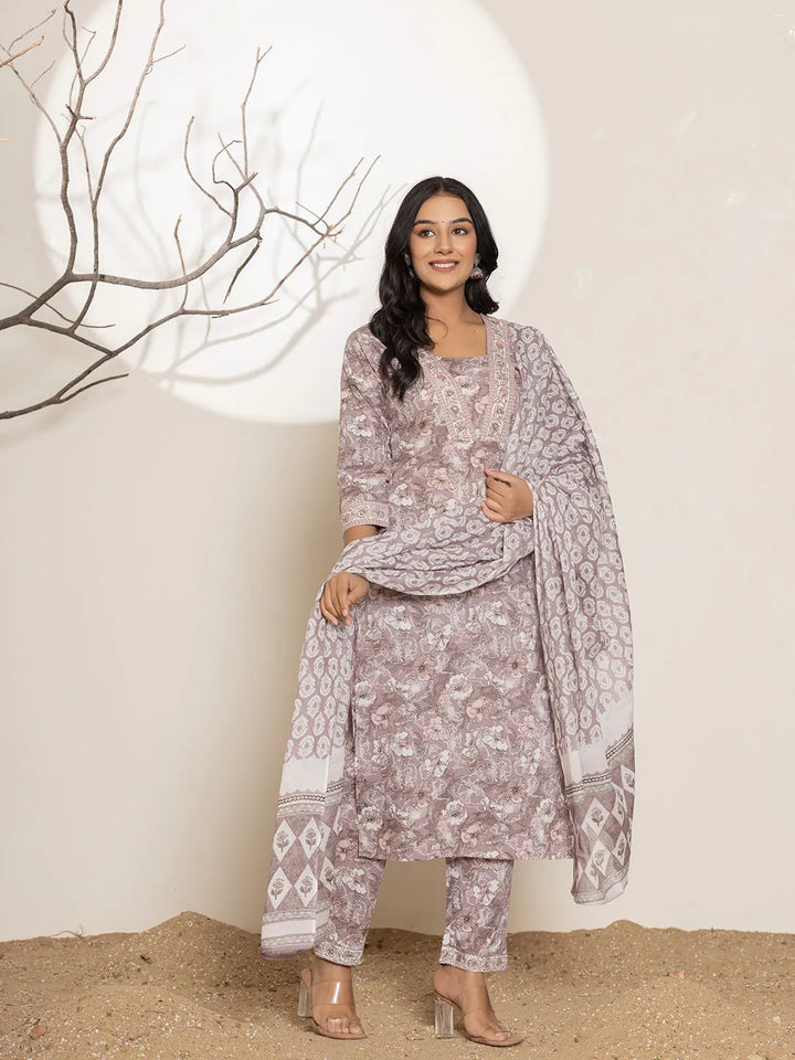 Mauve-Cotton-Floral-Print-Straight-3-Piece-Kurta-Set