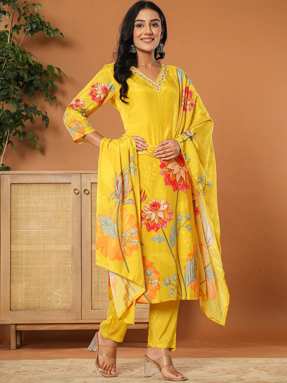 Mustard--Muslin-Hand-Embroidery-V-Neck-3-Piece-Kurta-Set