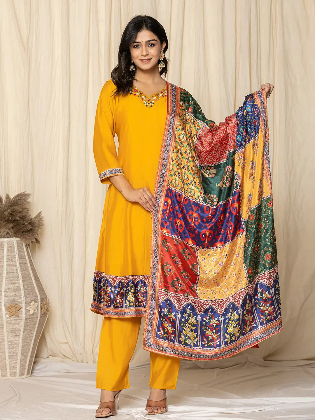 Mustard-Yellow-Silk-Blend-A-Line-3-Piece-Kurta-Set