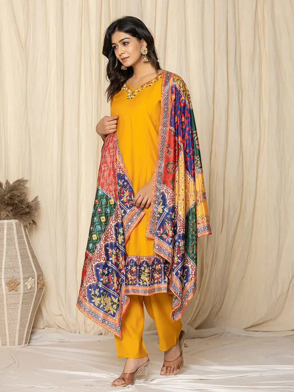 Mustard-Yellow-Silk-Blend-A-Line-3-Piece-Kurta-Set