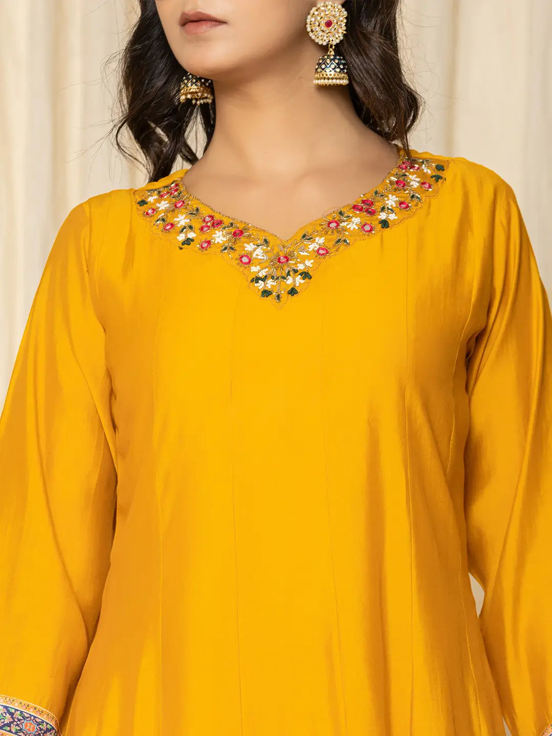 Mustard-Yellow-Silk-Blend-A-Line-3-Piece-Kurta-Set