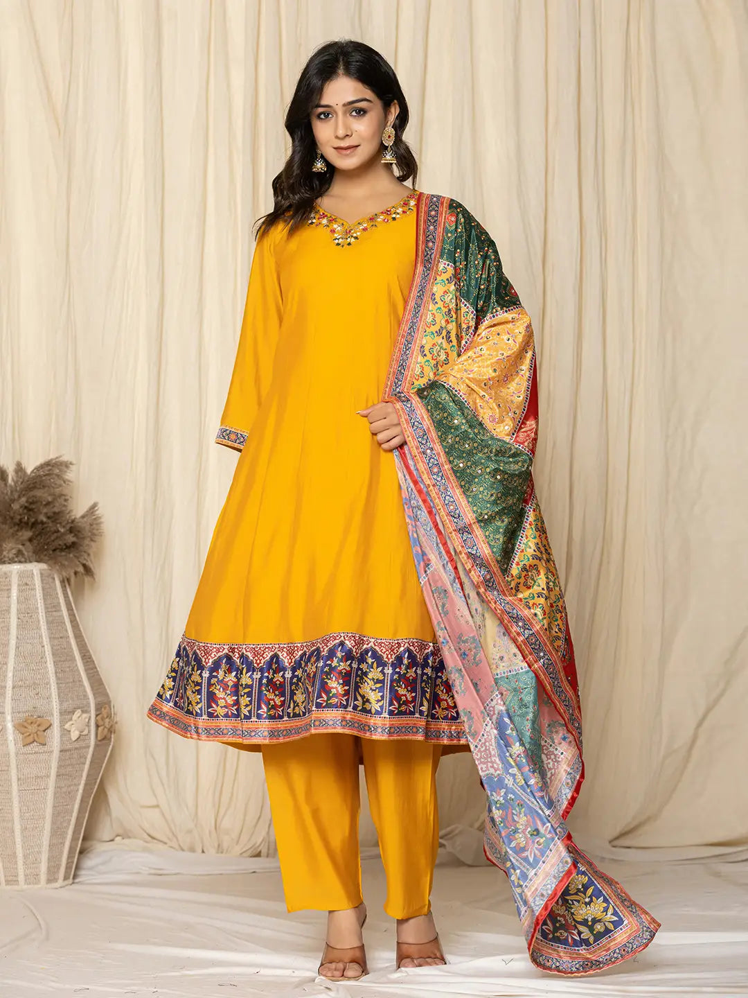 Mustard-Yellow-Silk-Blend-A-Line-3-Piece-Kurta-Set