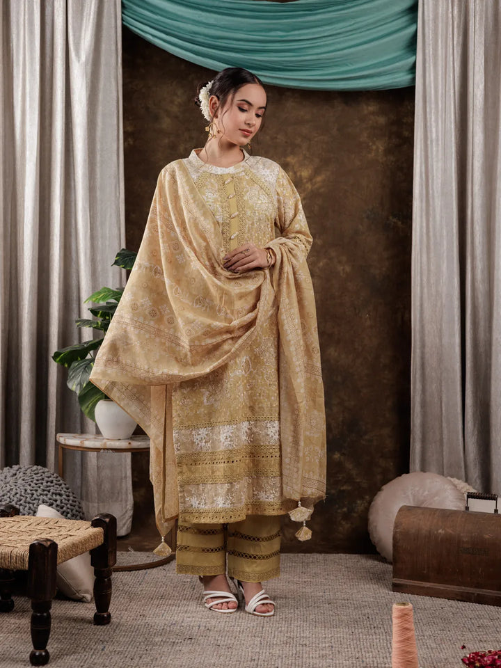 Mustard-Cotton-Schiffli-Lace-Detailed-3-Piece-Kurta-Set