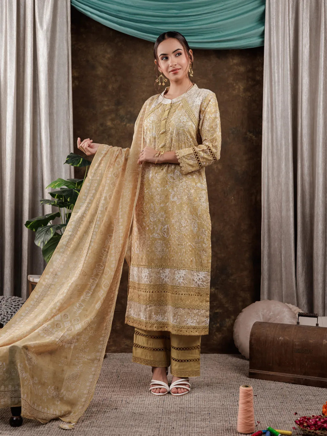 Mustard-Cotton-Schiffli-Lace-Detailed-3-Piece-Kurta-Set