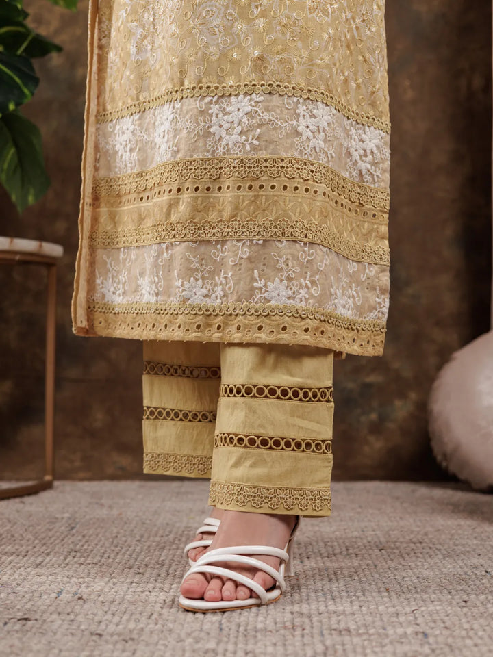 Mustard-Cotton-Schiffli-Lace-Detailed-3-Piece-Kurta-Set