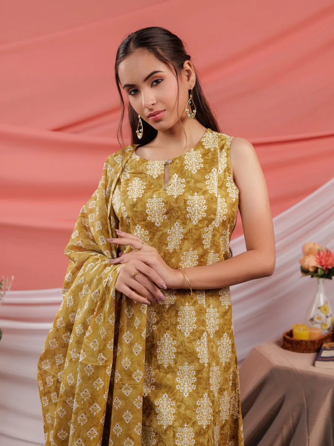 Mustard-Cotton-Ethnic-Motifs-A-Line-3-Piece-Kurta-Set