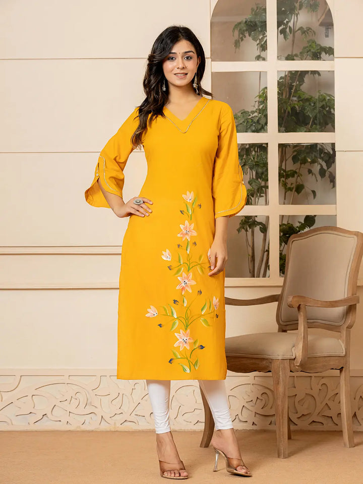 Mustard-Cotton-Hand-Painted-Straight-Kurta