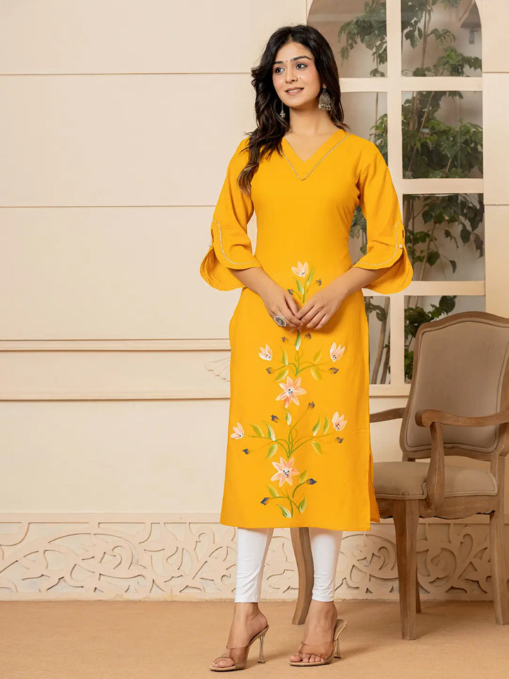 Mustard-Cotton-Hand-Painted-Straight-Kurta