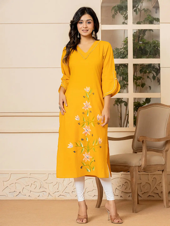 Mustard-Cotton-Hand-Painted-Straight-Kurta