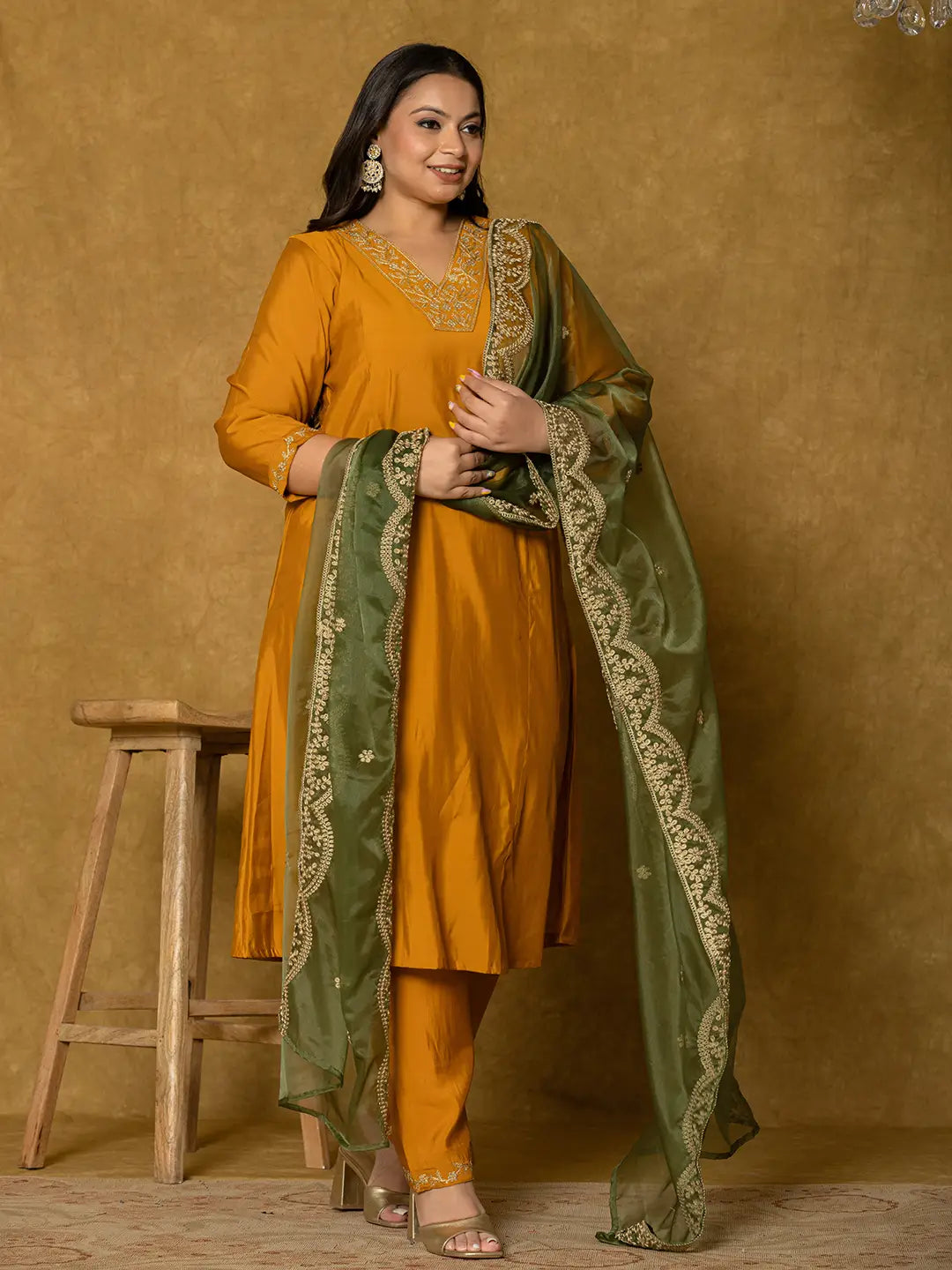 Mustard-Silk-Embroidered-Plus-Size-3-Piece-Kurta-Set