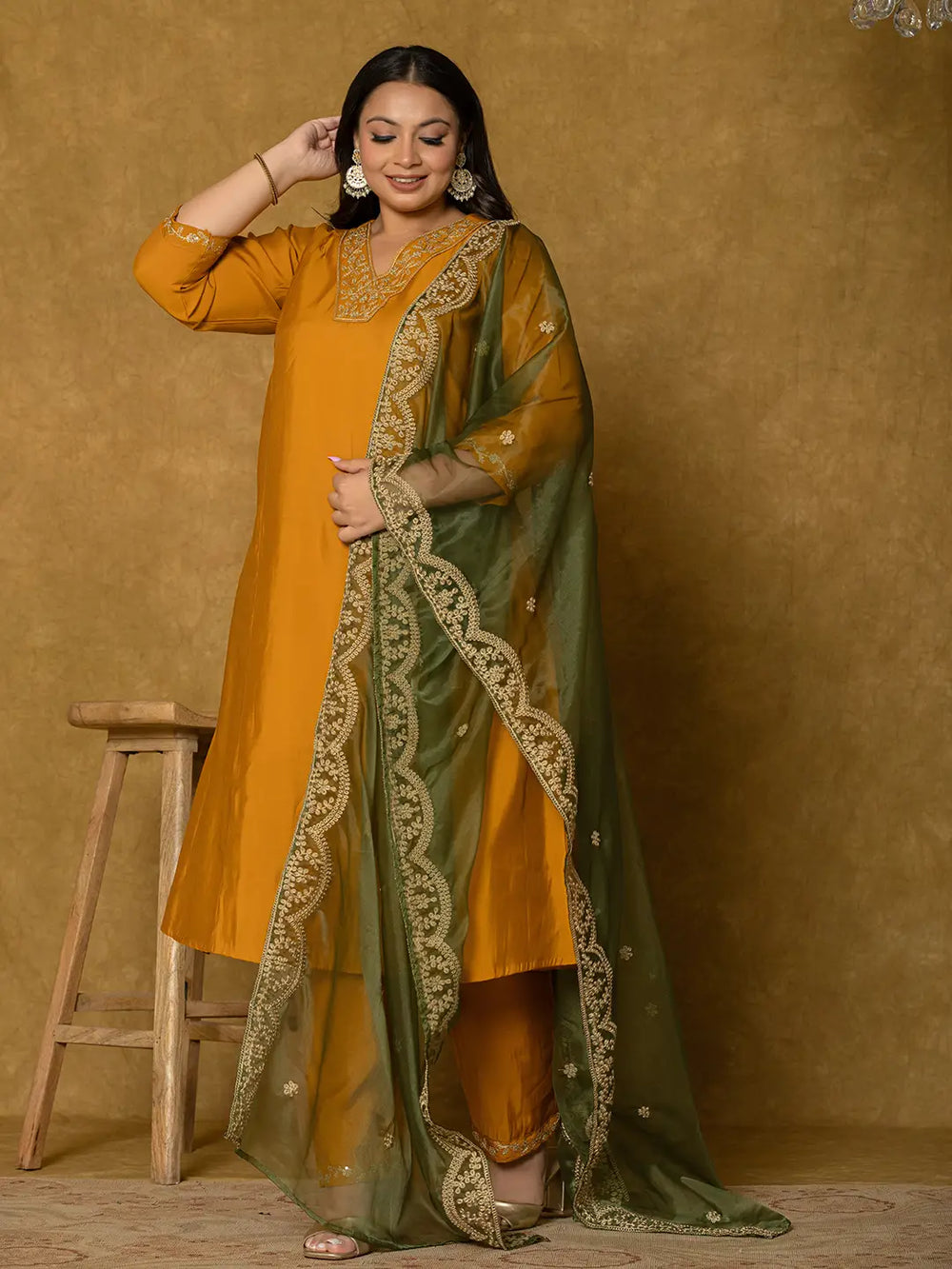 Mustard-Silk-Embroidered-Plus-Size-3-Piece-Kurta-Set