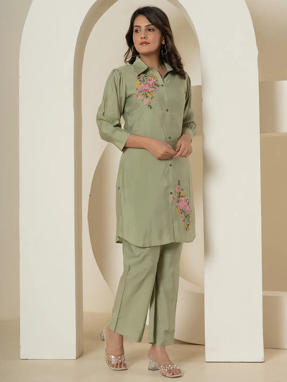 Olive-Green-Silk-Blend-Thread-Work-Co-Ord-Set