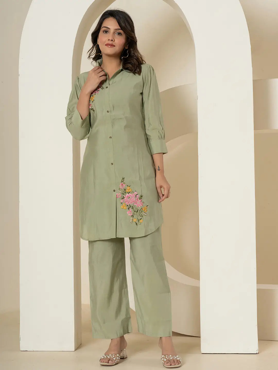 Olive-Green-Silk-Blend-Thread-Work-Co-Ord-Set