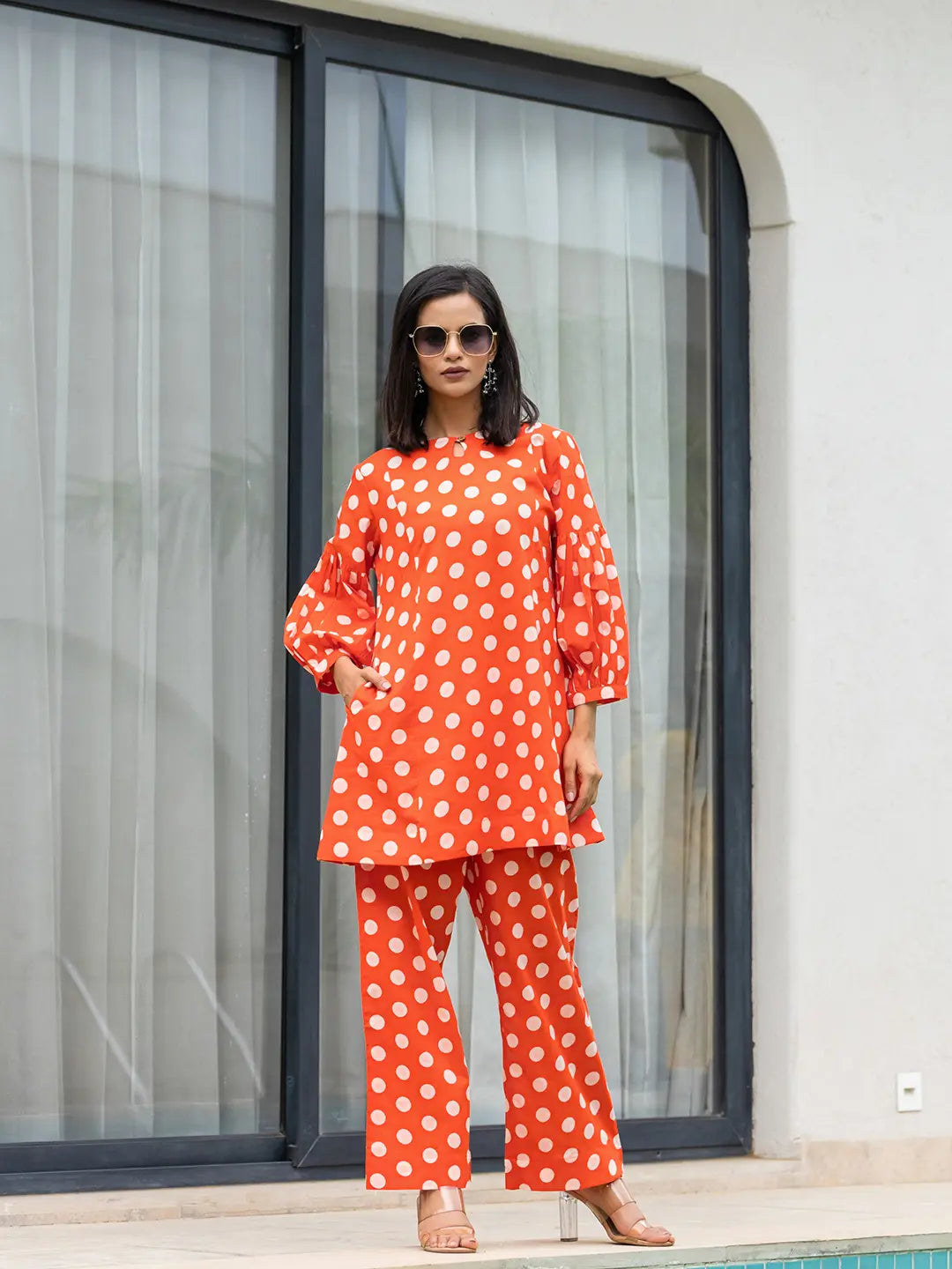 Orange-Cotton-Polka-Dot-Print-Co-Ord-Set