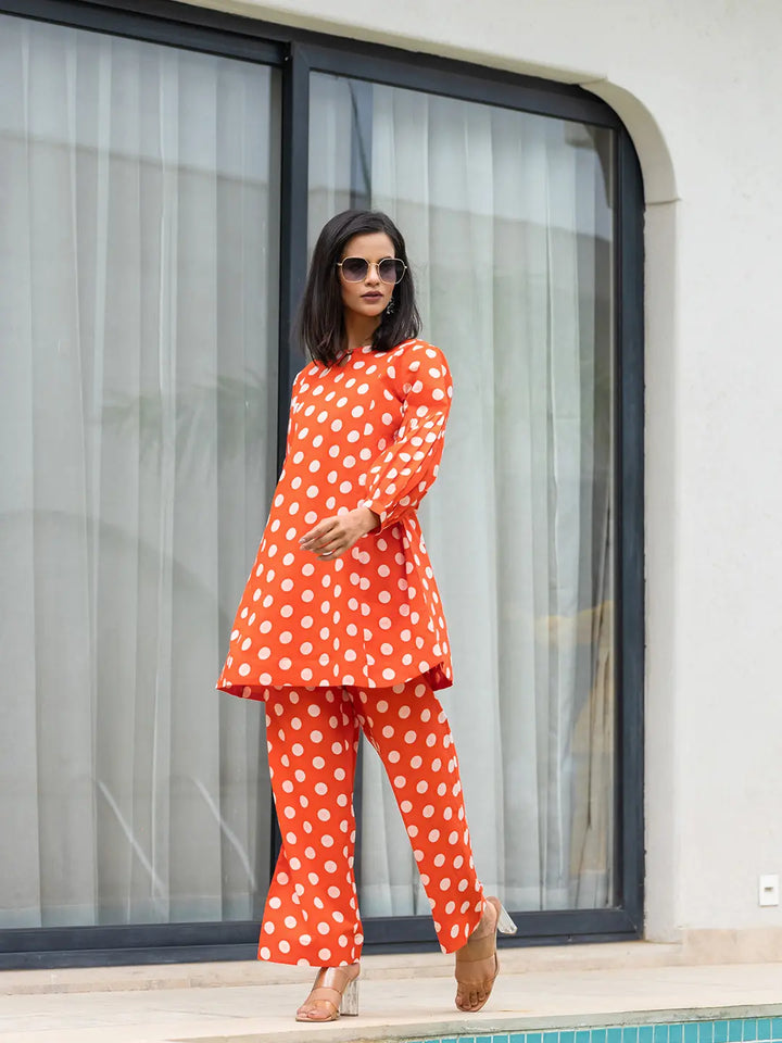 Orange-Cotton-Polka-Dot-Print-Co-Ord-Set