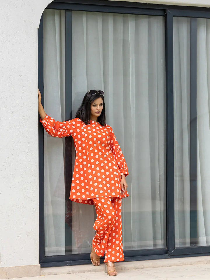 Orange-Cotton-Polka-Dot-Print-Co-Ord-Set